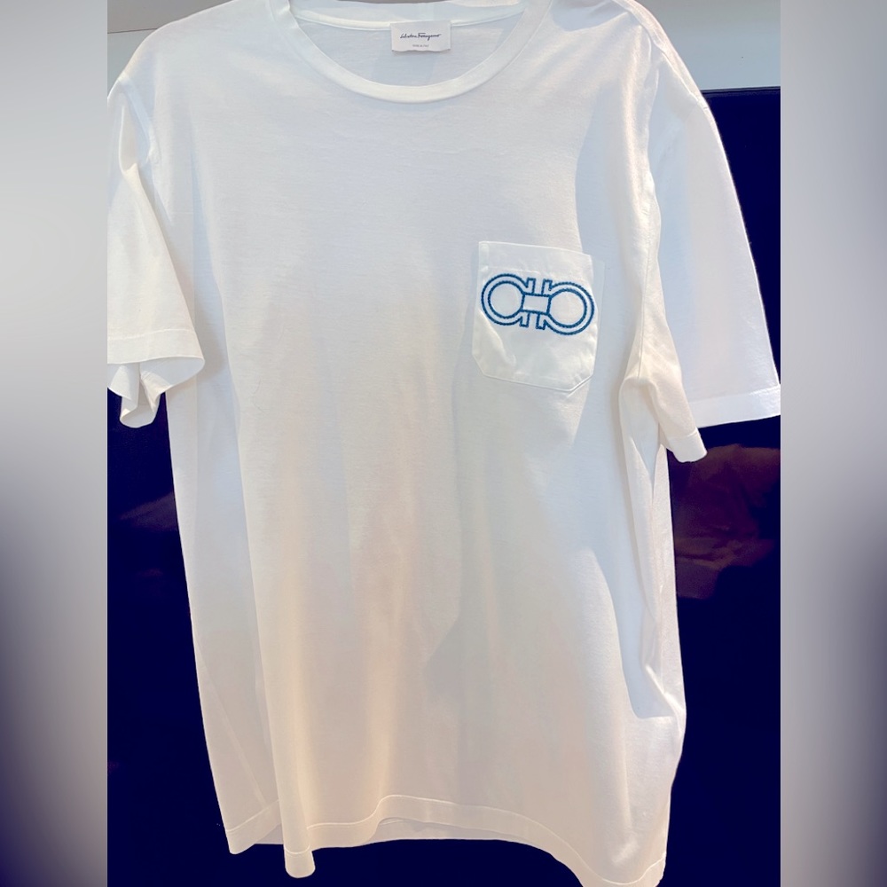 Salvatore Ferragamo White Short Sleeve Tee with Blue Pocket Logo